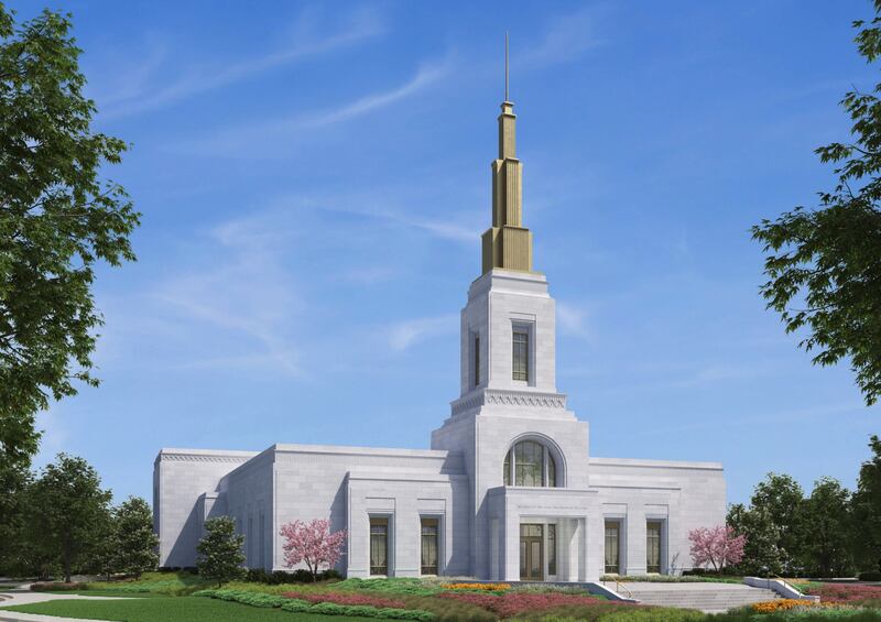 An exterior rendering of the Colorado Springs Colorado Temple, a one-story building with a center tower and spire.