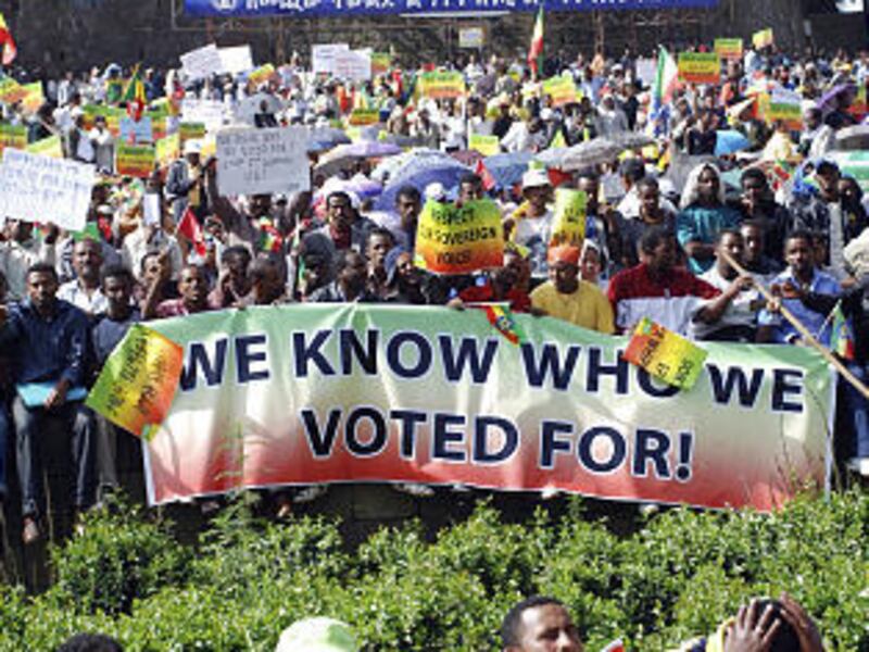 Tens of thousands of ruling party supporters rally, Tuesday May 25, 2010 in Addis Ababa, Ethiopia, to celebrate victory in the national election, while the chief EU observer said the poll had been marred by an uneven playing field.