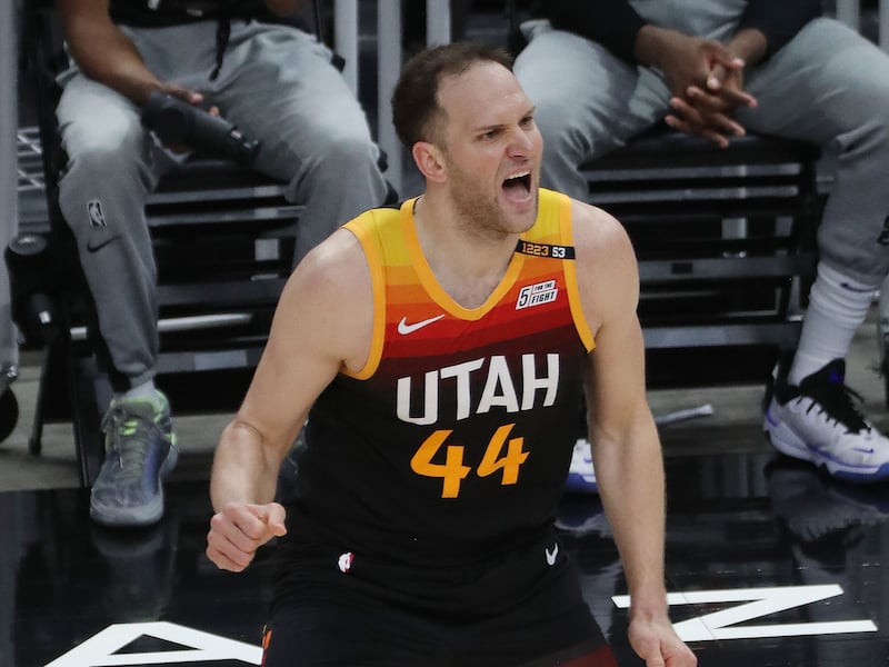 Utah Jazz forward Bojan Bogdanovic (44) celebrates a 3-pointer against the LA Clippers during Game 5 of their NBA playoff series.