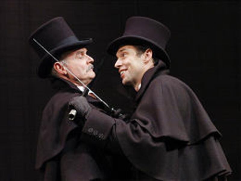 Edward Hyde (Kurt Rhoads) confronts Gabriel John Utterson (Stephen Temperley) in PTC's production of "Dr. Jekyll \\\\& Mr. Hyde."