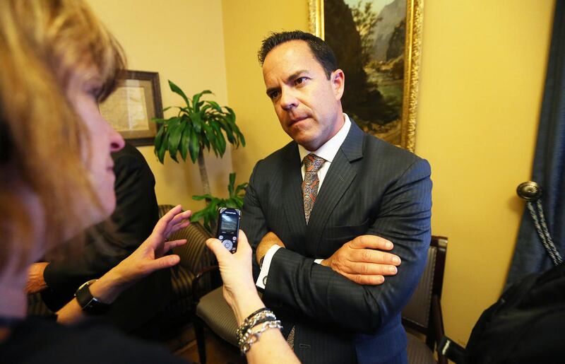 FILE - Rep. Brad R. Wilson answers a few questions after members of Utah's legislature gathered Wednesday, Aug. 19, 2015, at the State Capitol in Salt Lake City.