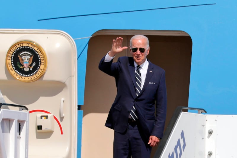 U.S. President Joe Biden waves before his departure to Saudi Arabia from Ben Gurion airport in Lod near Tel Aviv on Friday.