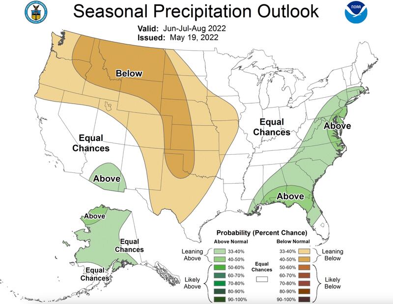 This map, provided by the National Weather Service Climate Prediction Center on Thursday, shows moisture probabilities across the U.S. for the summer months of June, July and August.