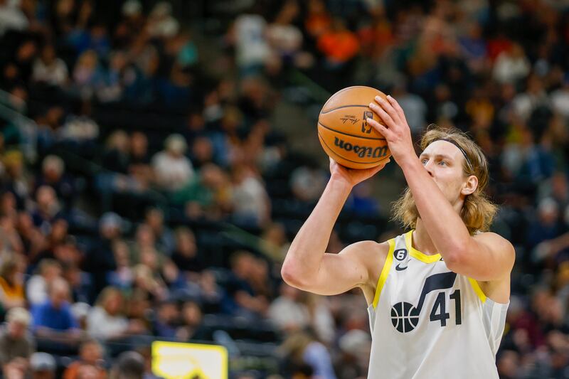 Utah Jazz’s Kelly Olynyk shoots a free throw during preseason game against San Antonio in Salt Lake City, Oct. 11, 2022.