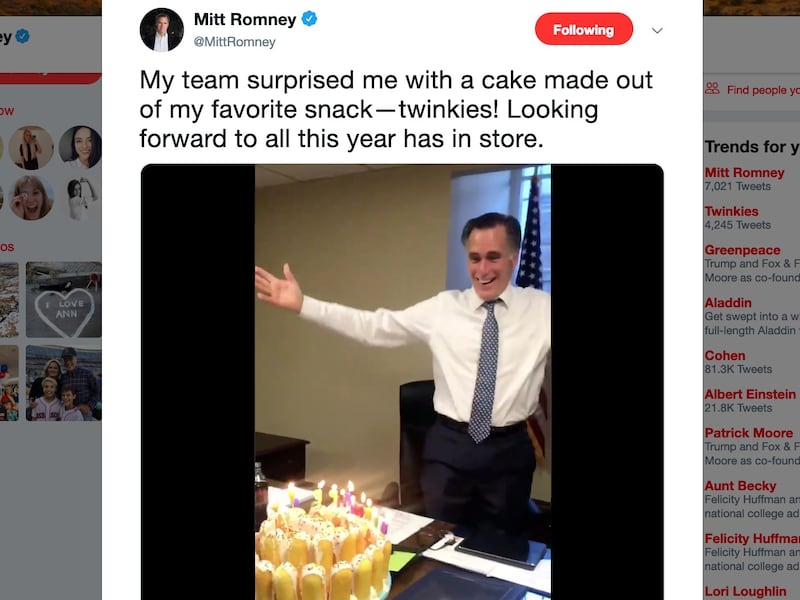 Senator Mitt Romney took to Twitter Tuesday to share a video of his staff presenting him with a birthday cake, only it wasn’t quite a birthday cake: it was a bunch of Twinkies stuck together with candles on top.