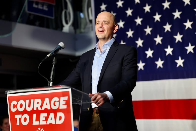 Independent U.S. Senate candidate Evan McMullin speaks to a group of supporters in Salt Lake City.