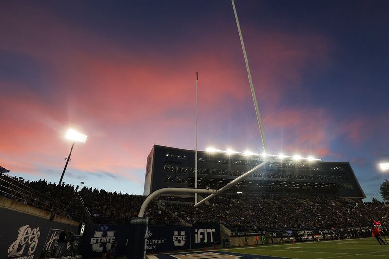The sun sets over Maverik Stadium in Logan.