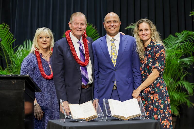 Elder Gary E. Stevenson of the Quorum of the Twelve Apostles and his wife, Sister Lesa Stevenson, and BYU–Hawaii President John S.K. Kauwe III and his wife, Sister Monica Kauwe, participate in a BYU–Hawaii devotional on Sunday, Nov. 16, 2025.