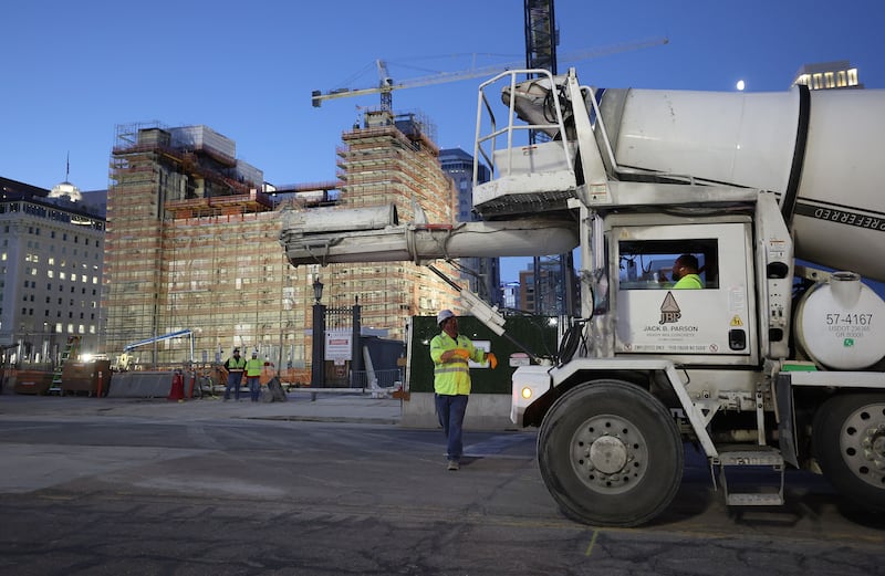 A truck enters the grounds of Temple Square in Salt Lake City to pour concrete at the Salt Lake Utah Temple of The Church of Jesus Christ of Latter-day Saints on Tuesday, April 11, 2023.