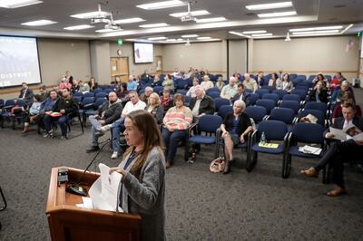 FILE - Kearns Mayor Kelly Bush addresses the Granite Board of Education during a board meeting at the Granite School District offices in South Salt Lake on Tuesday, Jan. 8, 2019. The board later voted to close Oquirrh Hills Elementary after a three-year e