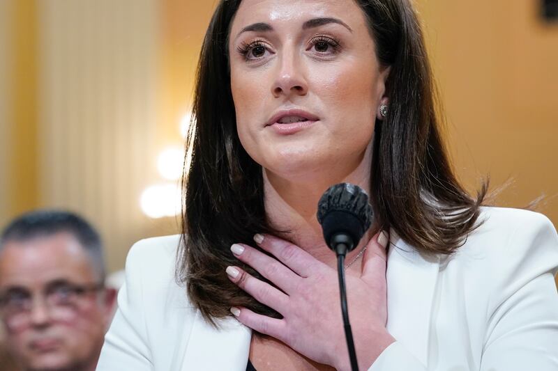 Cassidy Hutchinson, former aide to Trump White House chief of staff Mark Meadows, is pictured testifying to the House select committee investigating the events of Jan. 6, 2021.
