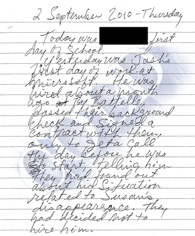Steve Powell wrote this journal entry on Sept. 2, 2010, describing his son Josh Powell’s new job working for Microsoft in Bellevue. West Valley police seized Steve Powell's journals while serving a search warrant at his house on Aug. 25, 2011.