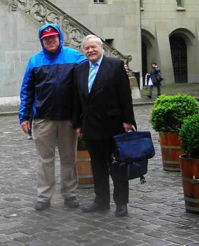 Blair Poelman with Beat Roggen in Bern, Switzerland. They were able to connect through family history research.