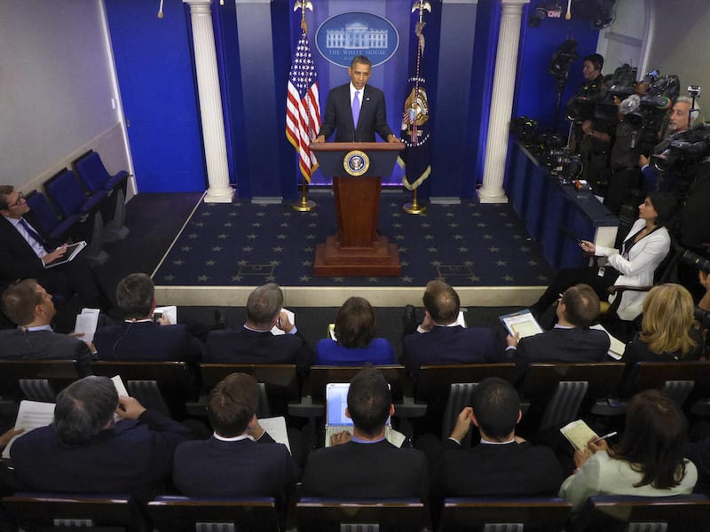 President Barack Obama speaks during his end-of-the-year news conference in the Brady Press Room at the White House in Washington, Friday, Dec. 20, 2013.