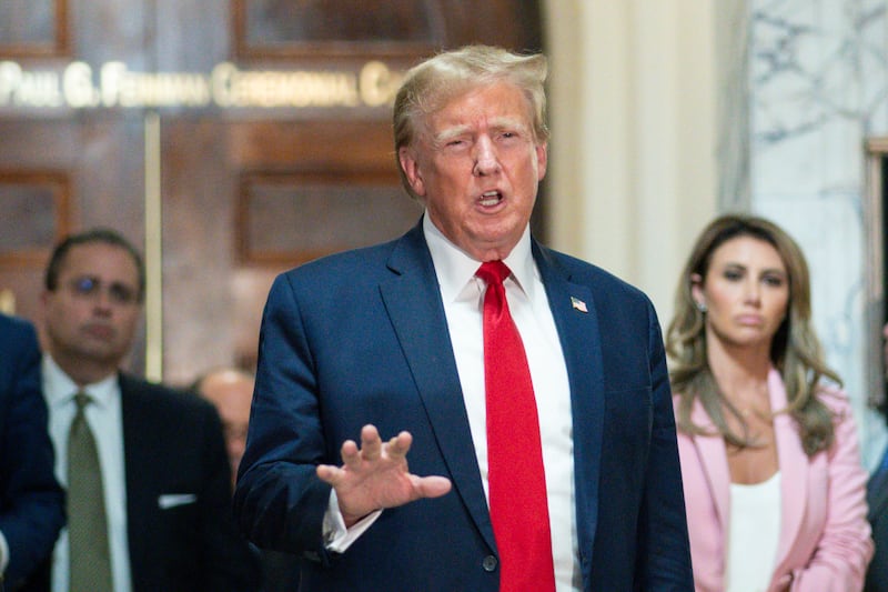 Former President Donald Trump speaks after exiting the courtroom at New York Supreme Court on Dec. 7, 2023.