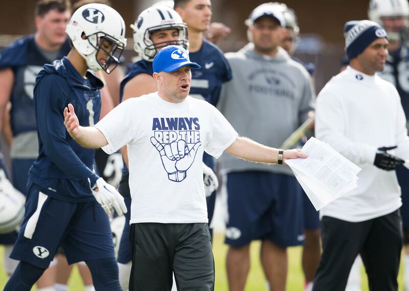 BYU assistant coach Steve Clark gestures during the spring camp of 2016.