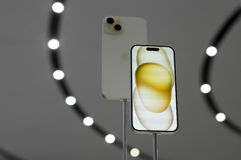 The iPhone 15 phones are shown during an announcement of new products in Cupertino, Calif., on Sept. 12, 2023.
