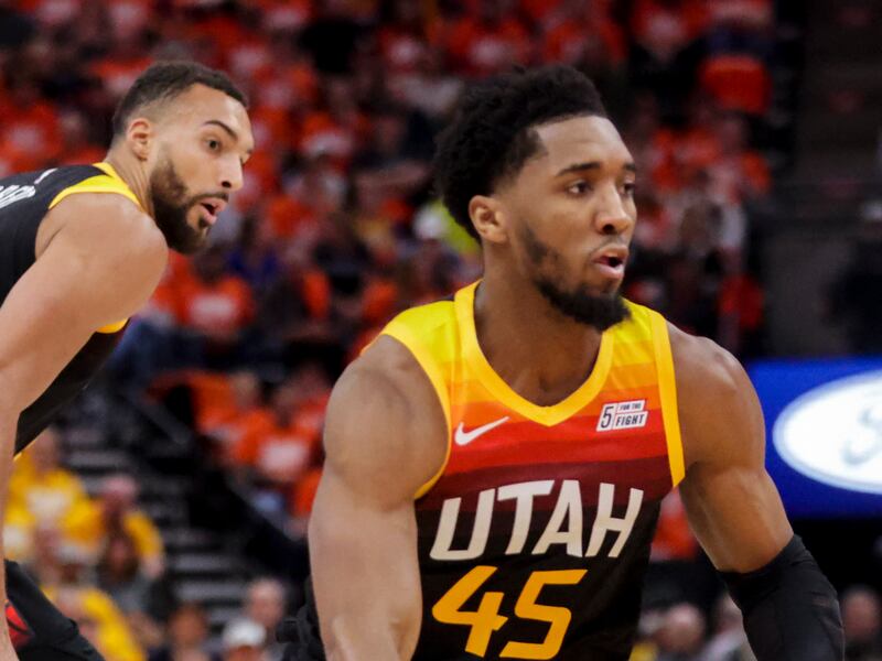Utah Jazz guard Donovan Mitchell dribbles during a game at Vivint Arena in Salt Lake City on Thursday, April 21, 2022.