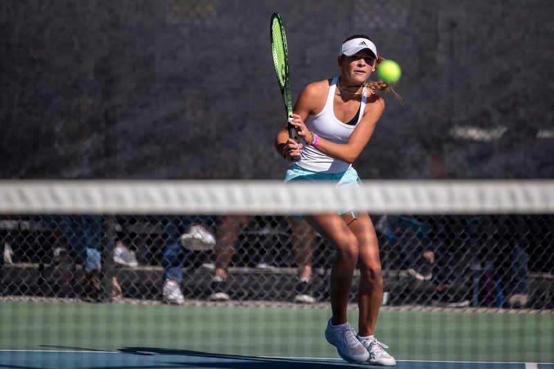 Anna Frey of Farmington plays Bella Lewis of Skyridge in the 6A state tournament in Salt Lake City on Saturday, Oct. 8, 2022.