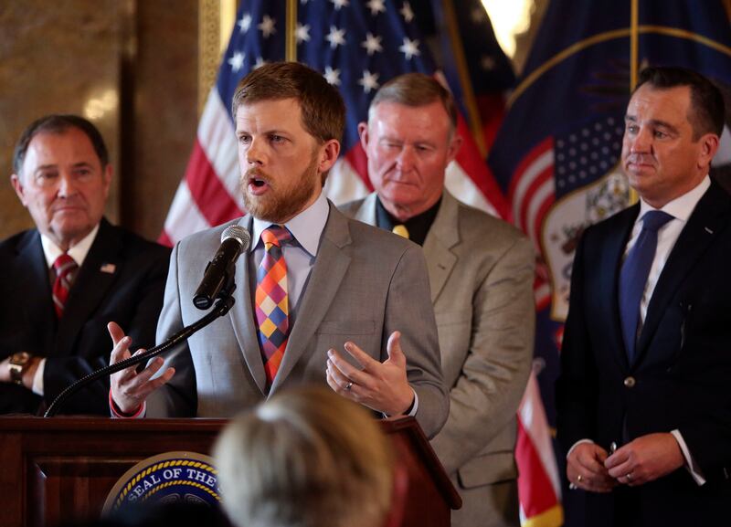 Connor Boyack, Libertas Institute president, speaks during a press conference about a new medical cannabis policy in Utah at the Capitol in Salt Lake City on Thursday, Oct. 4, 2018.
