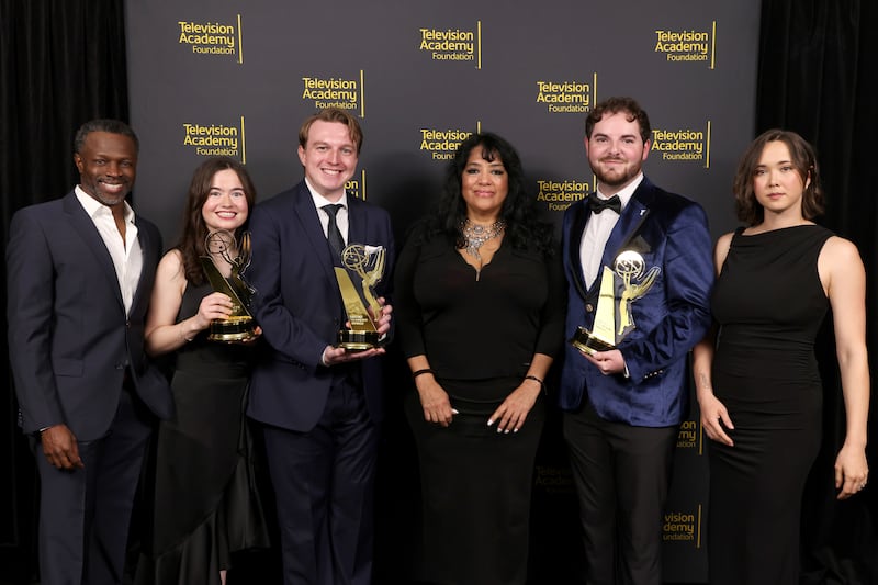 Sean Patrick Thomas (left), Monica Perdomo (center), and London Thor (far right) with Brigham Young University students Abigail Tolley, from left, Ryan Jones, and Austin Lawrence, the Comedy Series and Chance Perdomo Legacy Scholarship winners at the 45th College Television Awards presented by the Television Academy Foundation, on March 28, 2026, in Los Angeles.