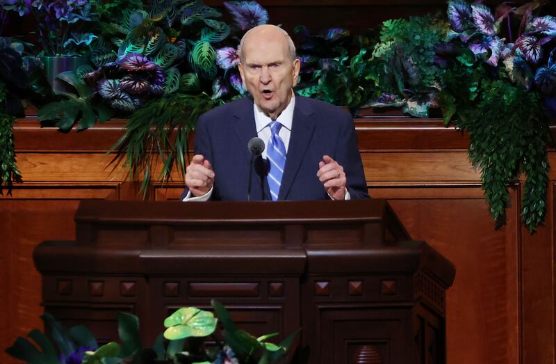 President Russell M. Nelson speaks during the Sunday morning session of general conference.