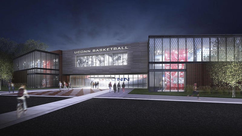 This image released Tuesday, Oct. 16, 2012 by the University of Connecticut shows a rendering of a proposed UConn Basketball Development Center to be built on the campus in Storrs, Conn. With donations and pledges in hand for $24 million of the $32 millio
