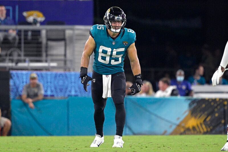 Jacksonville Jaguars tight end Tim Tebow sets up during an NFL preseason football game.