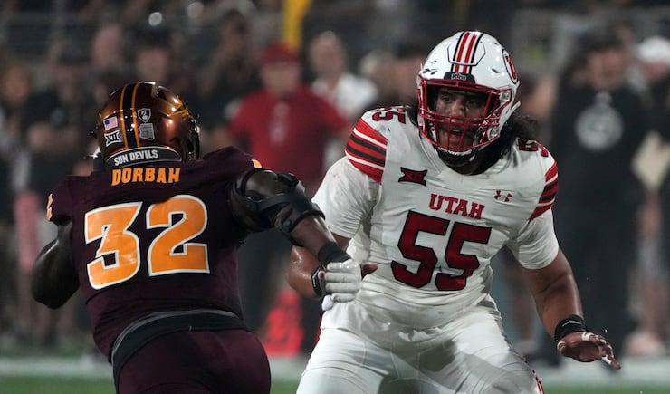 Utah offensive lineman Spencer Fano (55) in the first half during a game against Arizona State, Friday, Oct. 11, 2024, in Tempe, Ariz.