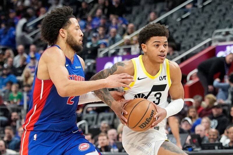 Utah Jazz guard Keyonte George attempts a layup during game against Detroit   Thursday, Dec. 19, 2024, in Detroit. (