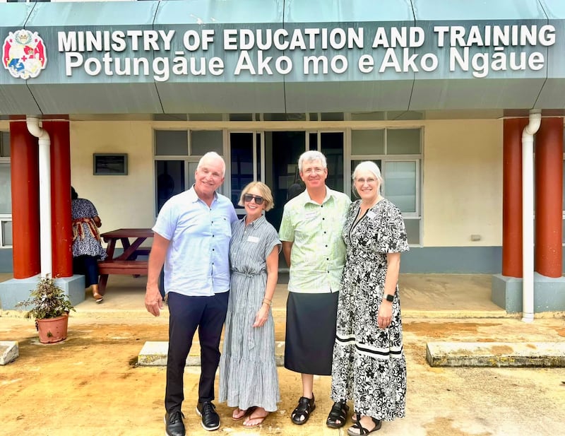 Bill and April Bollard, executive directors of the Geneva Office for Human Rights Education, pause for a photo with a Latter-day Saint senior missionary couple in Tonga.