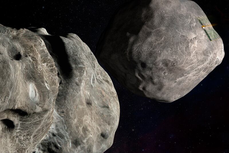 Illustration depicts NASA’s DART probe on course to impact the asteroid Dimorphos, which orbits Didymos.