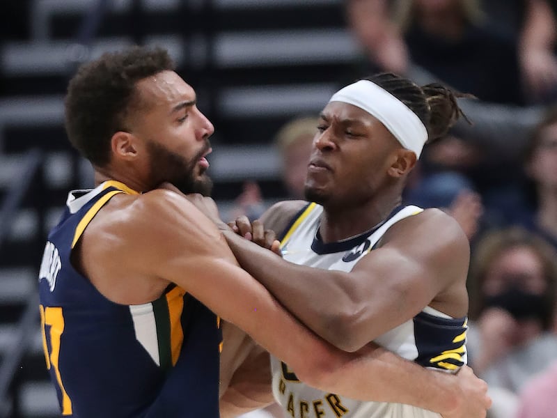 Utah Jazz center Rudy Gobert and Indiana Pacers center Myles Turner get into a brawl.