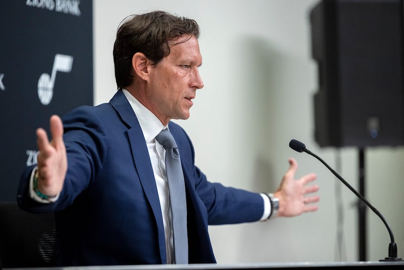 Utah Jazz coach Quin Snyder talks during the Utah Jazz media media day at Vivint Arena in Salt Lake City on Monday, Sept. 27, 2021.