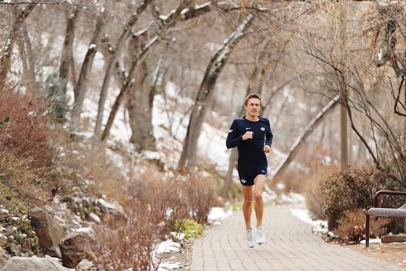 Former BYU distance runner Conner Mantz runs on campus in Provo on Friday, Feb. 19, 2021.