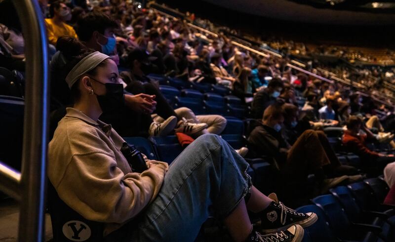 Students listen to the Rev. Dr. William Barber II speak at Brigham Young University on Tuesday, Nov. 30, 2021.