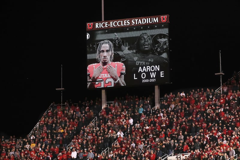 Video board shows Aaron Lowe’s photo