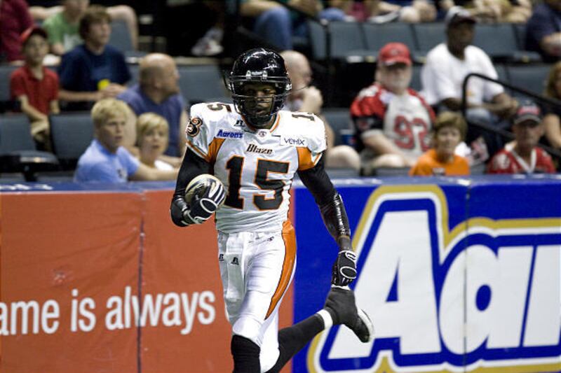 Blaze receiver Huey Whittaker scores one of his three touchdowns Sunday in a 63-56 victory over the Grand Rapids Rampage.