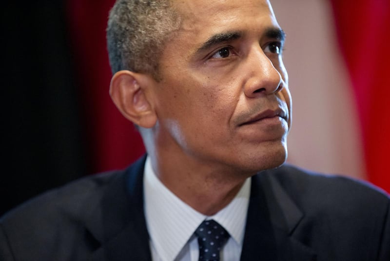 President Barack Obama pauses after speaking to members of the media during his meeting with Baltic leaders in the Cabinet Room of the White House in Washington