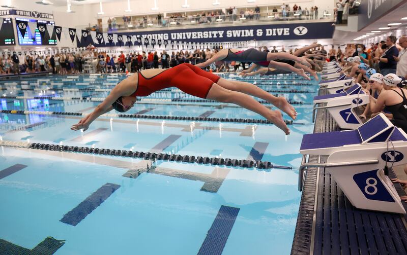 Swimmers dive into the pool
