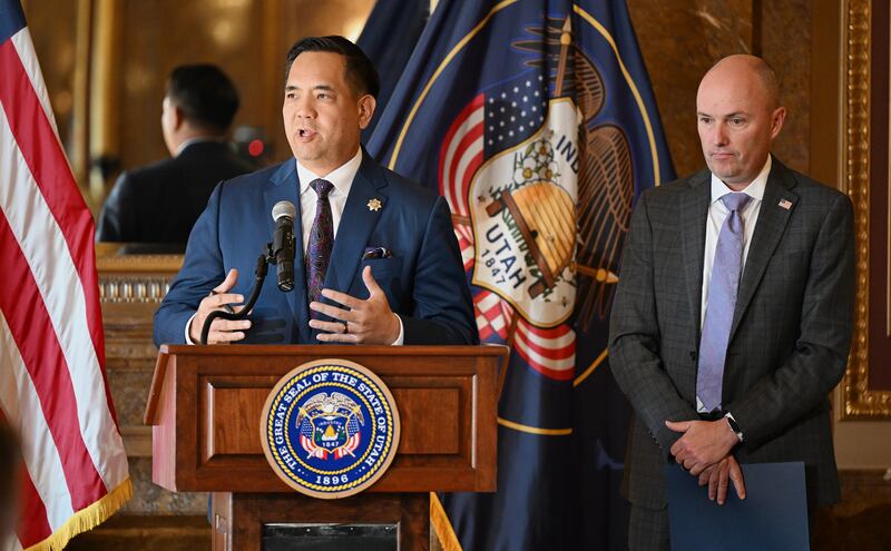 Utah Attorney General Sean Reyes discusses details of a lawsuit filed against TikTok as he joins Gov. Spencer Cox at a press conference on Oct. 10, 2023.
