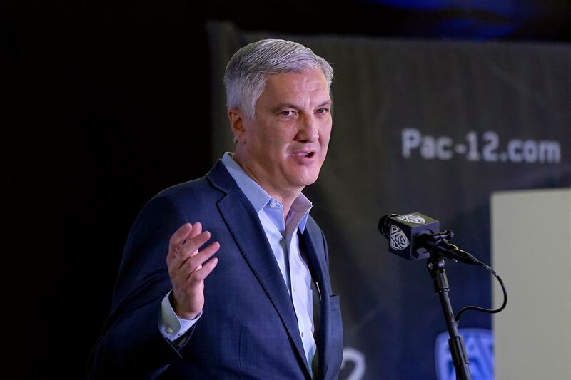 Pac-12 commissioner George Kliavkoff speaks during Pac-12 Conference media day Tuesday, Oct. 12, 2021, in San Francisco.