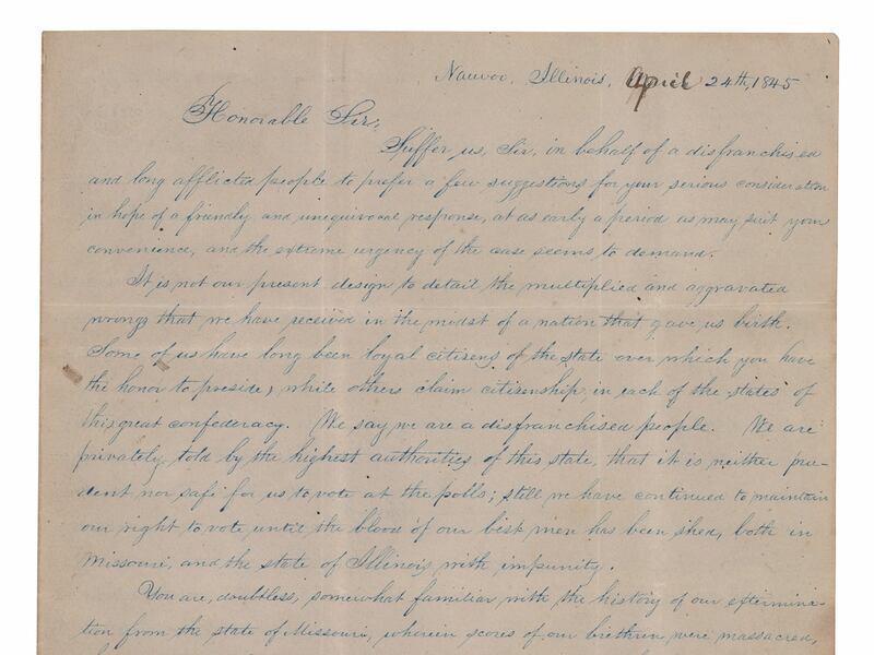 After the martyrdom of Jospeh Smith on June 27, 1844, Brigham Young and other leaders of The Church of Jesus Christ of Latter-day Saints requested asylum for Latter-day Saints from New Hampshire governor John H. Steele. That letter went up for auction on RR Auction on Friday until April 12.