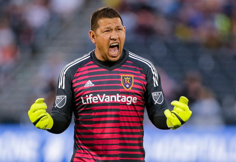 Real Salt Lake goalkeeper Nick Rimando celebrates his team's goal against the Colorado Rapids during the first half of an MLS soccer match, Saturday, Aug. 25, 2018, in Commerce City, Colo. (AP Photo/Jack Dempsey)