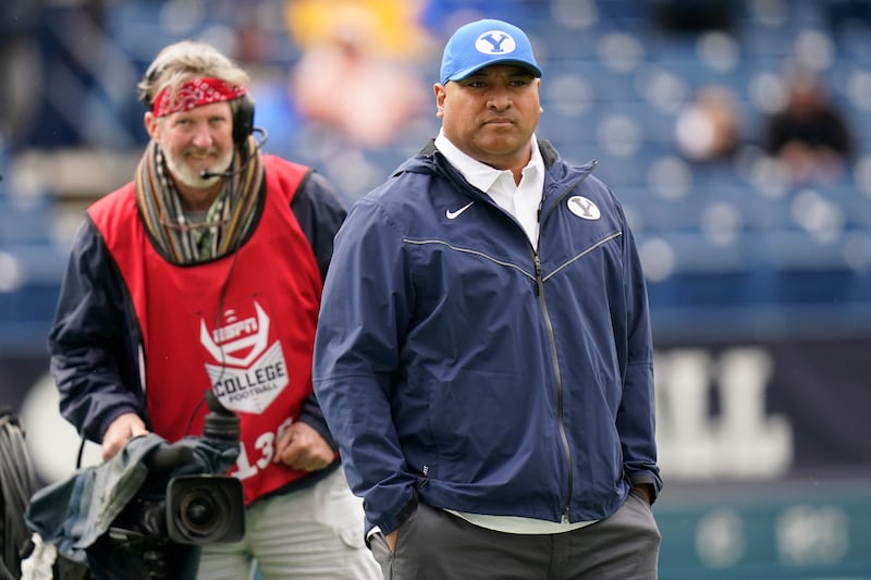 BYU head coach Kalani Sitake looks on before the start of their game against Boise State in Provo, Utah, Oct. 9, 2021.