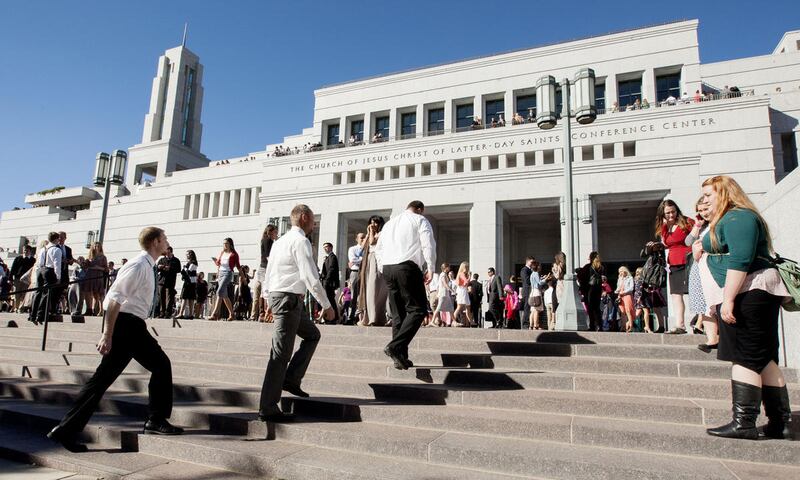Church members exit the afternoon session of the 184th Semiannual General Conference Saturday, Oct. 4, 2014, at the Conference Center in Salt Lake City.