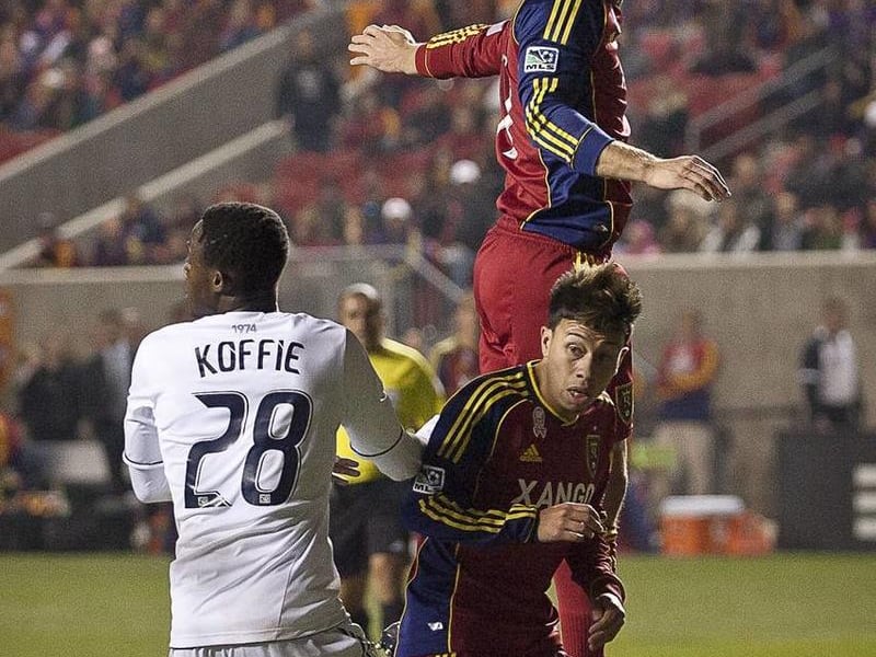 Real Salt Lake defender Chris Wingert makes a flick in the box during the second half of the MLS match between Real Salt Lake and Vancouver Whitecaps FC at Rio Tinto Stadium Saturday.