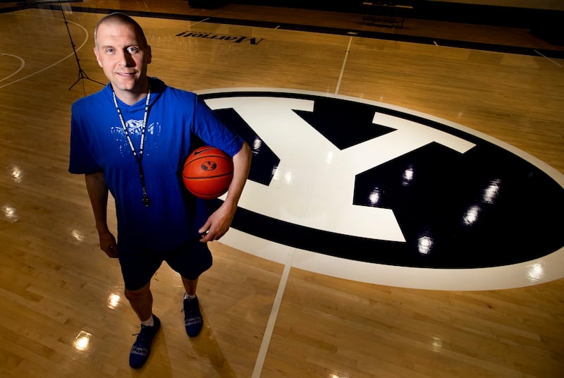 BYU men’s basketball coach Mark Pope poses in the Marriott Center in Provo on Thursday, May 23, 2019.