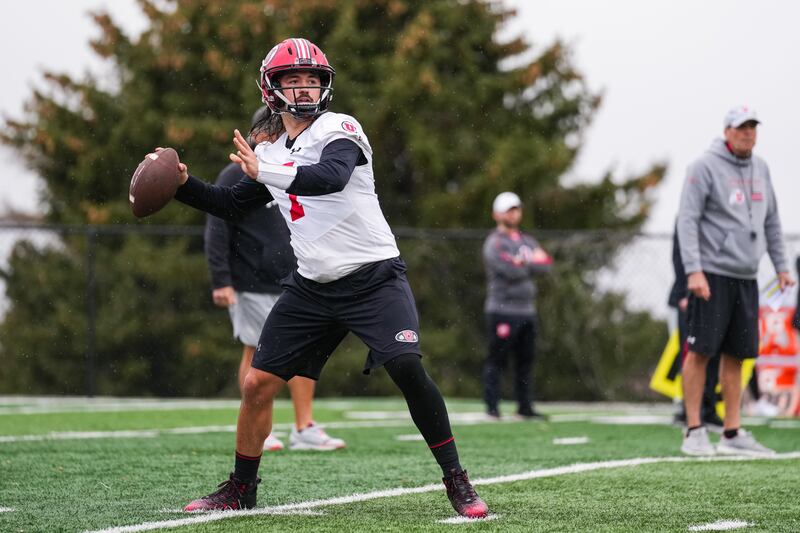 Utah QB Cam Rising throws during Utah spring camp at Spence and Cleone Eccles Football Center in Salt Lake City, UT on Tuesday, March 12, 2024.