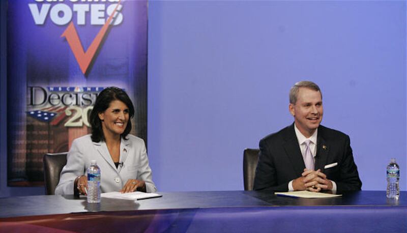 South Carolina Republican candidates for Governor, Rep. Nikki Haley,R-Lexington, and U.S. Rep. Gresham Barrett take part in a televised debate at WIS in Columbia, S.C. Thursday, June 17, 2010.